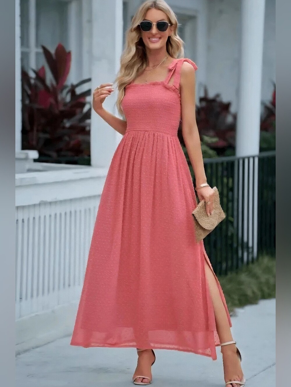 Swiss Dot Maxi Dress With Tie Straps And Side Split